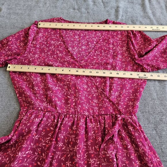 Old Navy Faux Wrap Dress Women L Wine LS Midi Lined Ruffles Dainty Floral Boho - Picture 4 of 16